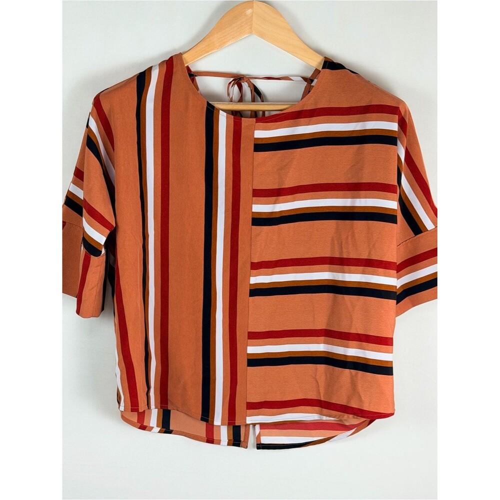 Express Striped Blouse XS Orange Red Navy Tie Back Lightweight Top